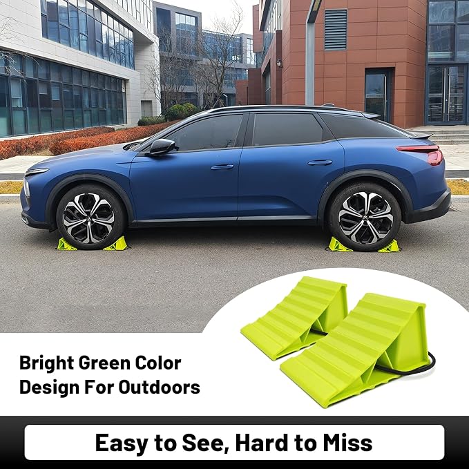2 Pair Wheel Chocks for Travel Trailers, Non Slip Heavy Duty Green Wheel Chock with Rope, Lightweight Wheel Stoppers for Cars Campers Trucks RVs, Easy to Carry & Suitable for Most Tyre Sizes