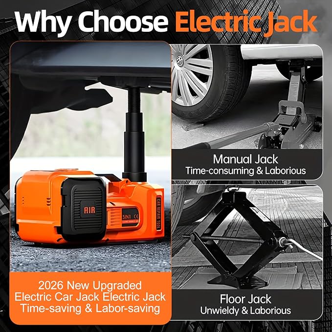 Car Jack Electric Hydraulic Jack 5Ton 155-450mm LCD Display 3in1 Lift Inflator LED Light 12V Portable Outdoor Home Emergency Tire Change Roadside Rescue Tool for Sedan SUV Truck