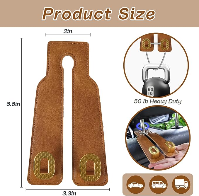 Car Headrest Hooks Universal Car Purse Hook Premium Leather and Alloy Twin Hook Car Seat Back Storage Hanger Hook for Purse Bags Cloth Drink Durable Holder Car Accessories (BH09-Brown-Gold)