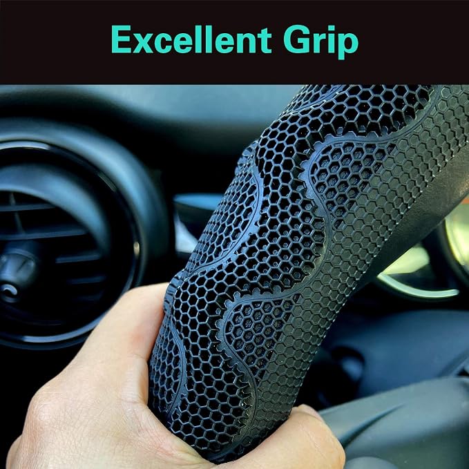 Small Size Steering Wheel Cover Great Grip with 3D Honeycomb Anti-Slip Design, 14 Inch (Black/Red Stitch)