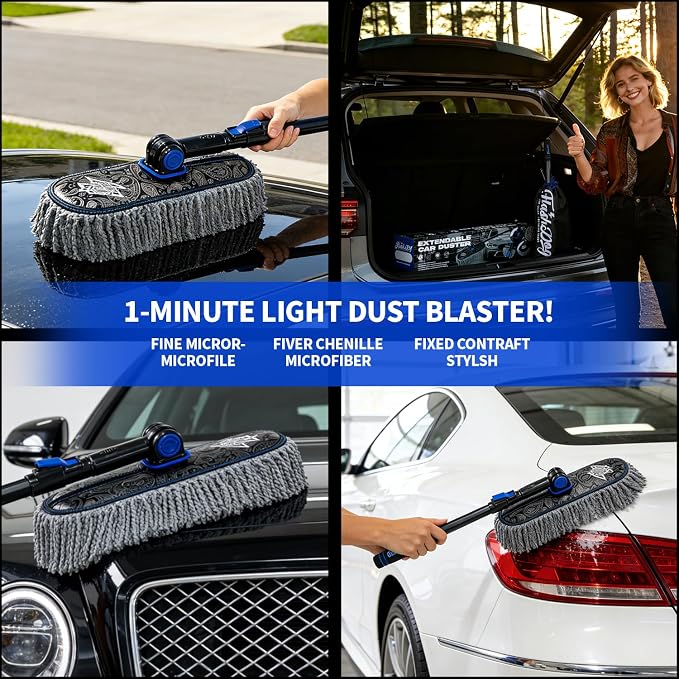 Car Duster Exterior & Interior Scratch Free Kit | Microfiber and Telescopic Aluminum Alloy Handle for Cars/SUV/Trucks with Car Duster Interior, Portable Waterless Dust Removal