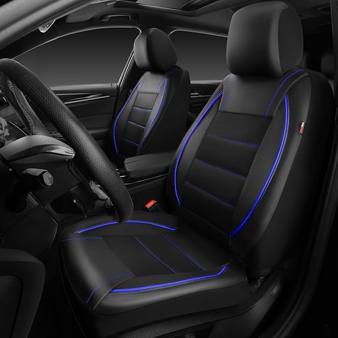 Universal FIT Piping Leather Two Front Seat Covers, Waterproof Faux Leather for SUV Sedan Van Truck, Airbag Compatible,Reserved Opening Holes for Headrest Covers. (Black and Blue)