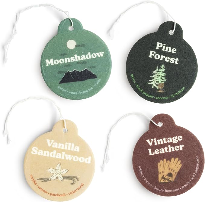 Earthy Mix Car Charms 4-Pack - Includes: Moonshadow, Pine Forest, Vanilla Sandalwood and Vintage Leather