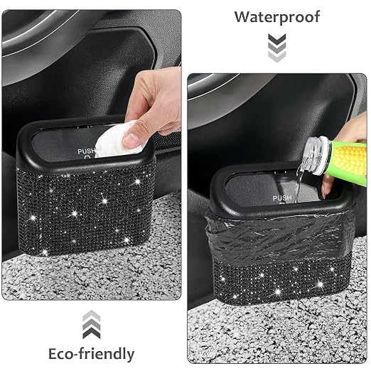 2 Pack Bling Car Trash Can with Lid, Small Garbage Can, Auto Garbage Storage Bin with 90pcs Garbage Bags, Sparkling Crystal Trash Bags Holder for Car, Home, Office Storage (Black Rhinestone)