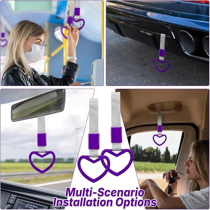2 Pcs Heart Shaped Car Handle Strap – JD M Drift Charm Rear Bumper Warning Ring Decor for Car Interior Exterior, Subway Bus Handle Accessory, Cute Heart Car Decor Gift for Drivers (Purple-Silver)