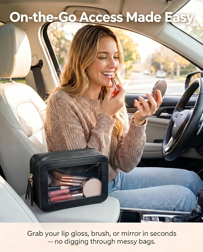 Clear Makeup Bags, TSA Approved Toiletry Bag with Zipper, Clear Makeup Organizer Fit Carry-on Travel Essentials,Car Essentials for Women Men (C-Black)
