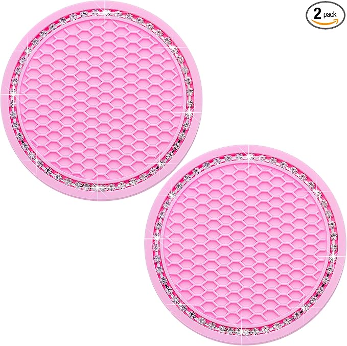 2PCS Bling Cup Holder Coaster, 2.75 Inch Auto Car Cup Holder Insert Coasters, Soft Silicone Anti-Slip Shockproof, Universal Vehicle Interior Accessories for Women Girls (Pink & White)