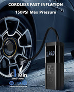 Tire Inflator Portable Air Compressor 150PSI Cordless Air Pump For Car Tires With Digital Pressure Gauge Auto Shut-Off Type C Charging And LED Light For Cars Motorcycles Bicycles Balls And More