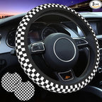 Checkered Steering Wheel Cover Black White + 2 Checkered Car Coasters Set | Anti-Slip Neoprene, Breathable, Universal Fit 14-15 Inch, Car Interior Accessories Gift for Men Women