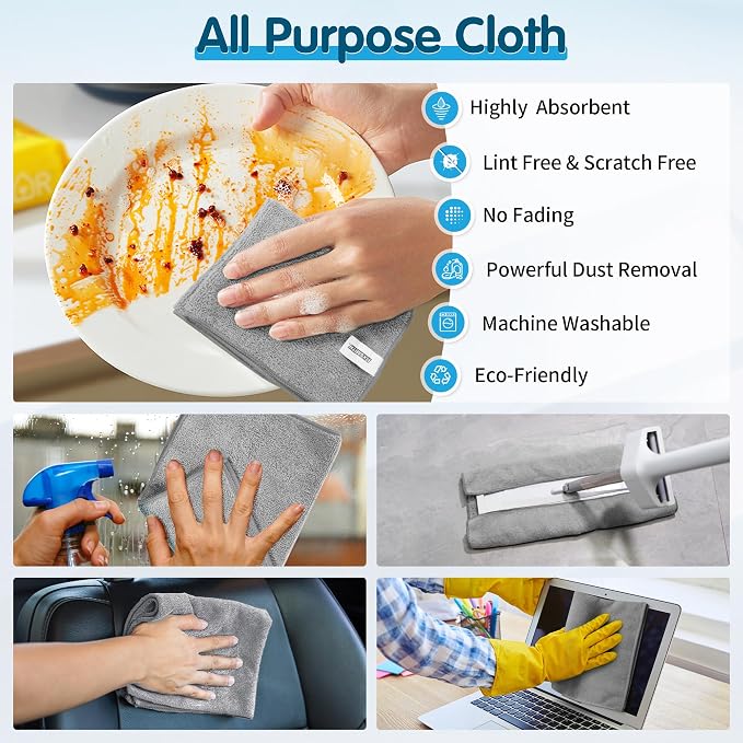 Grey Microfiber Cleaning Cloth -Pack of 8, Highly Absorbent Cleaning Rags, 16"X12" All Purpose Cleaning Towels for Housekeeping, Kitchen, Car, Lint Free and Reusable Microfiber Towels