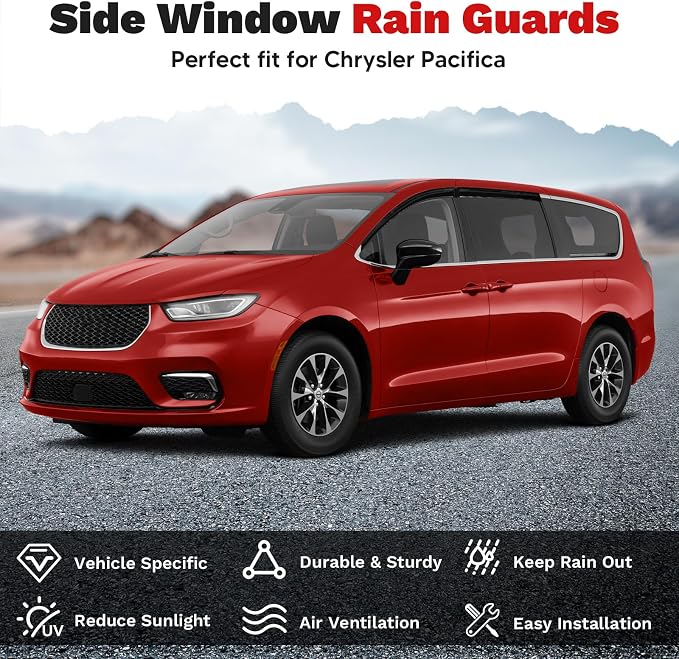 Pacifica Rain Guards - Window Visors for Chrysler Pacifica 2017-2025 2026, Outside-Mount Tape-On Side Window Wind Deflectors for Pacifica Accessories, Vent Visors Shades Rainproof Black 4PCS