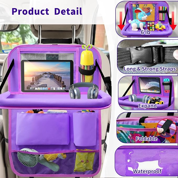 Car Seat Back Organizer Table Tray, Car Seat Storage Organizer for Kids with Foldable Tablet Holder, 6 Storage Pockets Kick Mats 600D Oxford, 2 Pack Purple