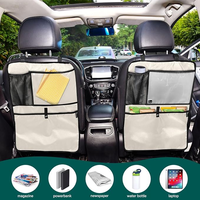 Beige Car Seat Organizer for Kids Backseat Kick Mat with Adjustable Strap Back of Seat Protectors for Car Vehicle SUV 2 Pcs