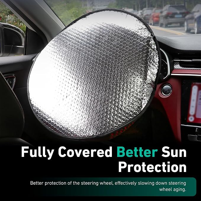 Car Steering Wheel Cover Sun Shade, 18" Anti-Heat Steering Wheel Sun Block, Aluminum Foil Steering Wheel Sun Shade Cover, Car Sunshade Accessories, Universal for Most Vehicle, RV, Truck