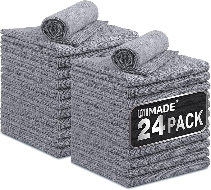 Microfiber Cleaning Cloth, 24 Pack Reusable Microfiber Towels for Cars Lint Free Cleaning Shop Towel Rags for Home Kitchen Automotive Bar Mechanic Restaurant Garage, 11"x 12", Grey