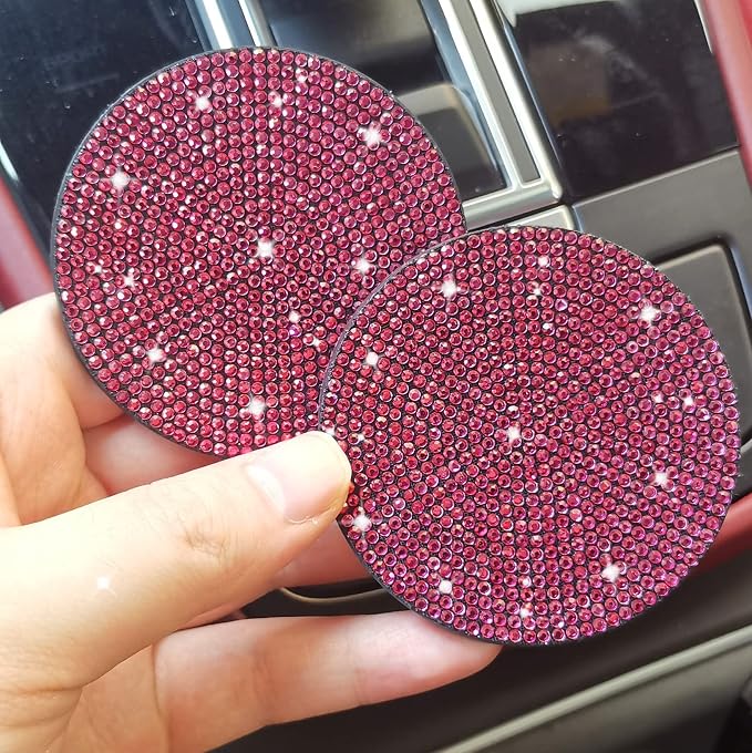 2pcs Bling Car Cup Holder Coaster, 2.75 inch Anti-Slip Shockproof Universal Fashion Car Coasters Insert Bling Crystal Rhinestone Automotive Interior Accessories for Women (2 pcs, Rose Red)