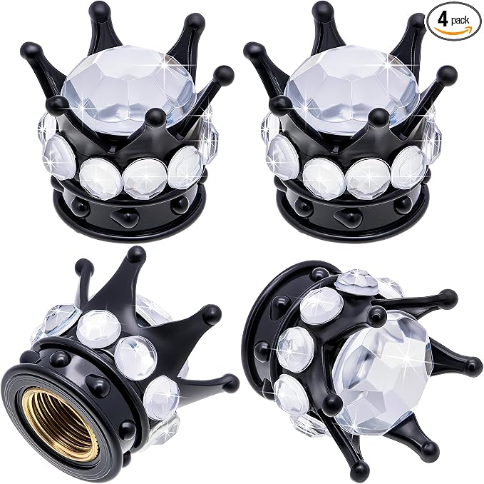 4PCS Crown Bling Tire Stem Valve Caps, Crystal Diamond Car Wheel Tire Valve Caps Universal Copper Core Stem Covers for Cars, SUV, Trucks, Bikes, Motorcycles, Bicycles (Black & Silver)