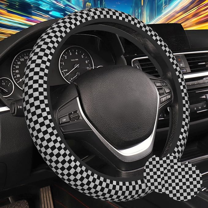 Black and White Checkered Steering Wheel Cover for Women, Anti-Slip Car Steering Wheel Cover with 2 Pcs Cup Holders Neoprene Breathable Car Accessories Universal 15 Inch Auto Interior Decor
