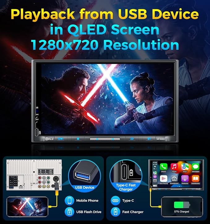 7" Wireless Double Din Car Stereo Apple Carplay Radio QLED Screen for Car, Android Auto, Bluetooth 5.3, Fast Charger, 1080P Backup Camera, 4.2 Channel Outputs 240W, 2 Subwoofer