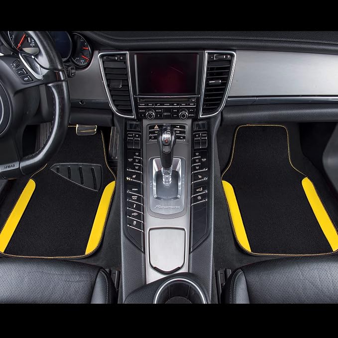 Waterproof Universal Fit Car Floor Mats, Car Mats Fit for SUV,Vans,sedans, Trucks,Set of 4pcs Car Carpet with Driver Heel Pad (Black and Yellow)