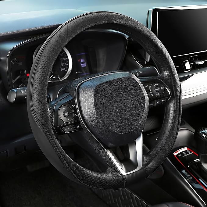Steering Wheel Cover 14-14.25 inch (35.5-36 cm) Small Size, Microfiber Leather, Non-Slip Comfortable Grip, Fits Cars Prius Civic Model 3 Model Y Camaro, Black
