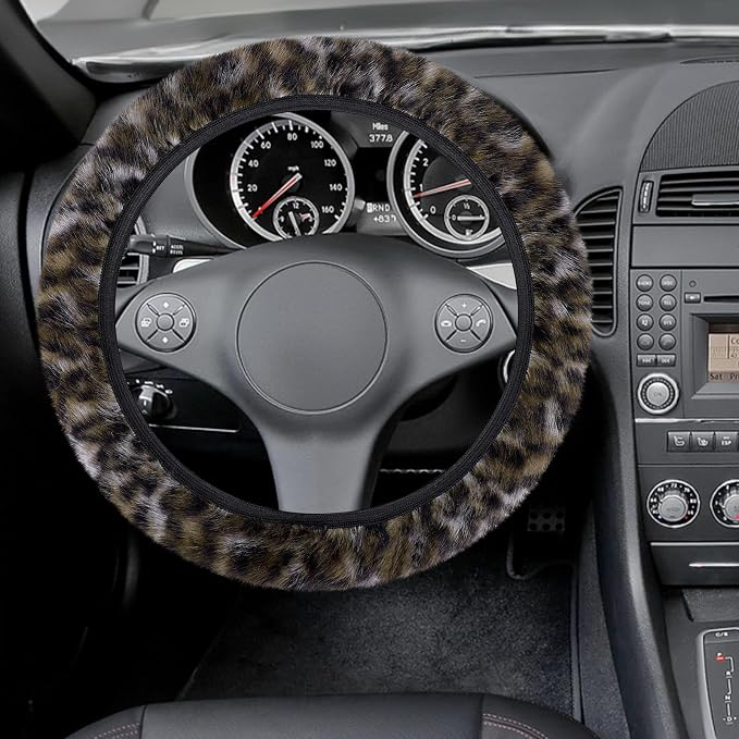 Fuzzy Steering Wheel Cover, Leopard Fluffy Car Wheel Cover for Women Men, Soft Furry Vehicle Steering Wheel Protector Warm Non-Slip Car Accessories 15 inch Universal Fit Auto, Suvs, Truck