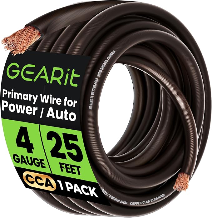 4 Gauge Wire (25ft - Black Translucent) Copper Clad Aluminum CCA - Primary Automotive Wire Power/Ground, Battery Cable, Car Audio Speaker, RV Trailer, Amp, Electrical 4ga AWG 25 Feet