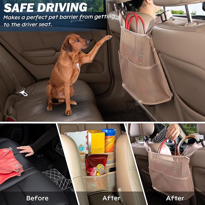 Car Net Pocket Handbag Holder Between Seats Back Storage Organizer 3 - Layers Purse Holder for Console Front Seat Storage Barrier, Beige