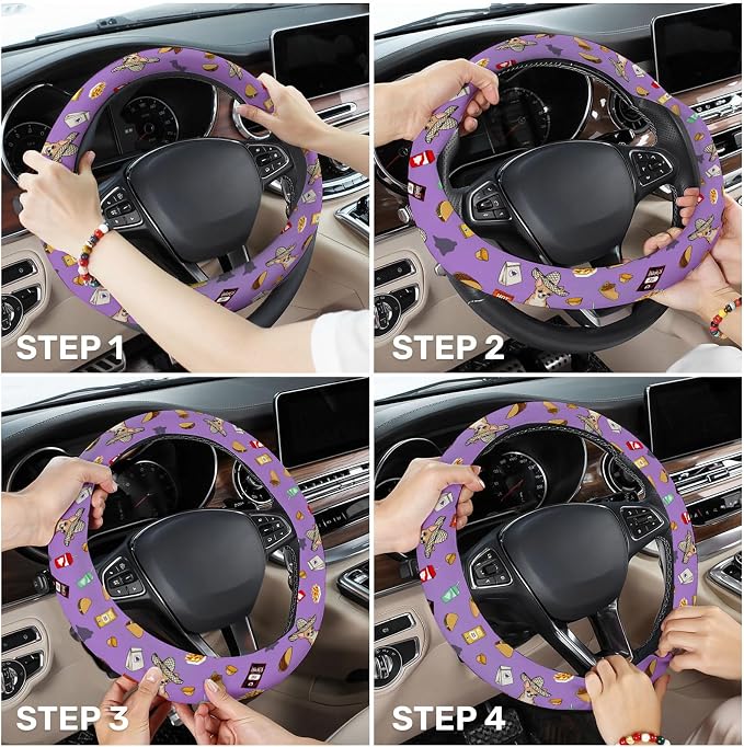 Purple Fast Food Icon Steering Wheel Cover, Polyester Car Wheel Grip, Universal 15 Inch for Cars SUVs Trucks