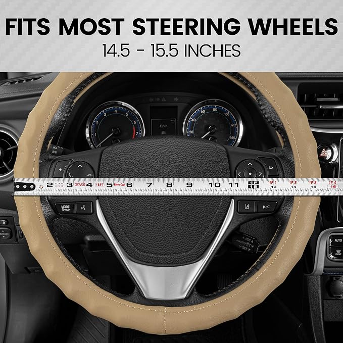 Genuine Beige Leather Steering Wheel Cover for Car, Medium (14.5" - 15.5") – Ergonomic Comfort Grip for Men & Women, Universal Fit Car Steering Wheel Cover for Most Vehicles
