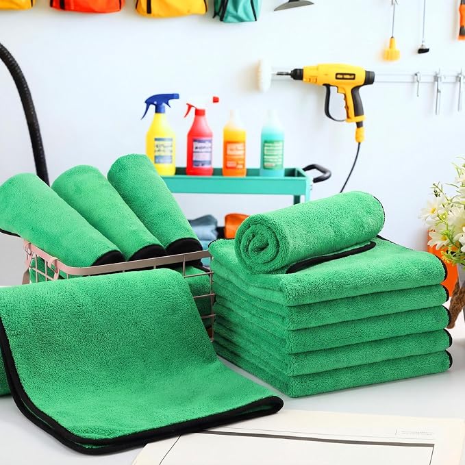 12 Pcs Microfiber Towels for Cars, 800 GSM Plush Drying Cleaning Cloth Bulk, 16 x 16 Inch Thick Absorbent Wash Detailing Towels for Car Polishing, House, Kitchen Cleaning(Green)