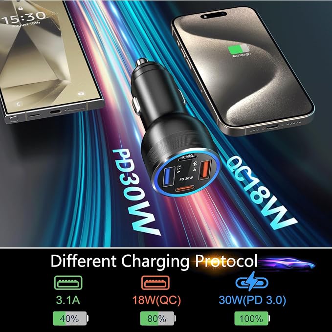 USB C Car Charger 3 Pack, 4-Port 65W Dual 12V USB-C & USB A Car Charger Power Adapter QC+PD 3.0 Fast Charging Cigarette Lighter Plug for iPhone 16/15/14/13/11 Pro,Samsung S24,Android(Black)
