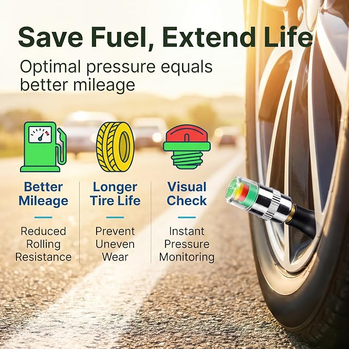 4Pcs 36 PSI Car Tire Pressure Monitor Valve Stem Caps, Easy to Read 3 Color Eye Alert Sensor Indicator for Pre-Drive Check Road Safety