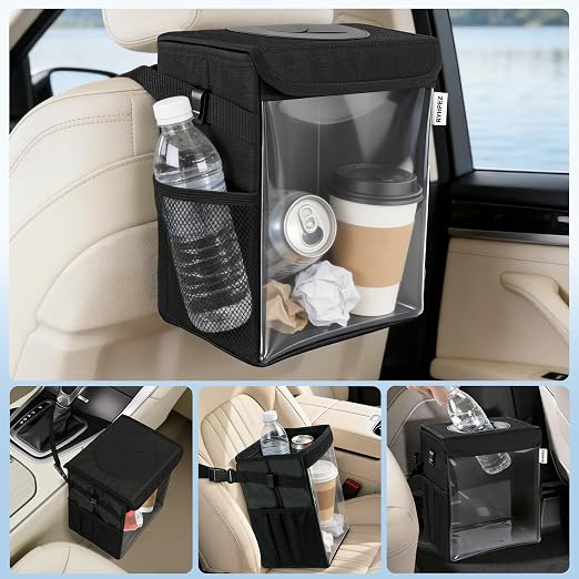 Car Trash Can with Clear Window, Multipurpose Car Organizer Storage for Baby Travel Essentials, Leakproof Car Garbage Bin with Removable Liner for Backseat Console (2.1Gallon/8L)