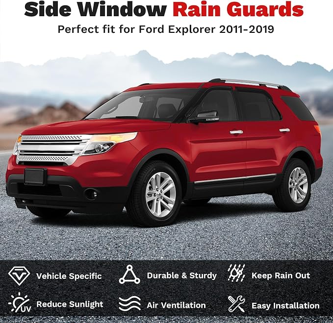 Explorer Rain Guards - Window Visors for Ford Explorer 2011-2019, Outside-Mount Tape-On Side Window Wind Deflectors for Explorer Accessories, Vent Visors Shades Rainproof 4PCS