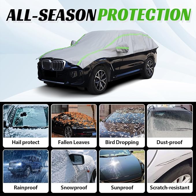 Half Car Cover SUV with Green Reflective Strip, Windshield Cover for Ice and Snow with Cotton Liner, Hail Protector Car Cover Waterproof All Weather for Snow, Sun, Rain, Dust, UV Protection