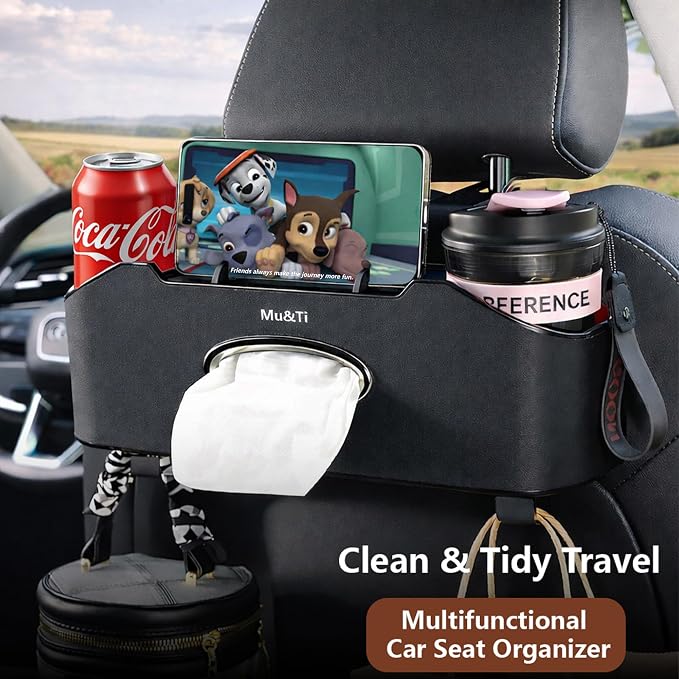 Mu&Ti Back Seat Car Organizer,4+2 in 1 Multifunctional Car Back Seat Storage Box with 2 Cup Holders, Tissue Box and Hook - Ideal for Kids and Travel(Black)