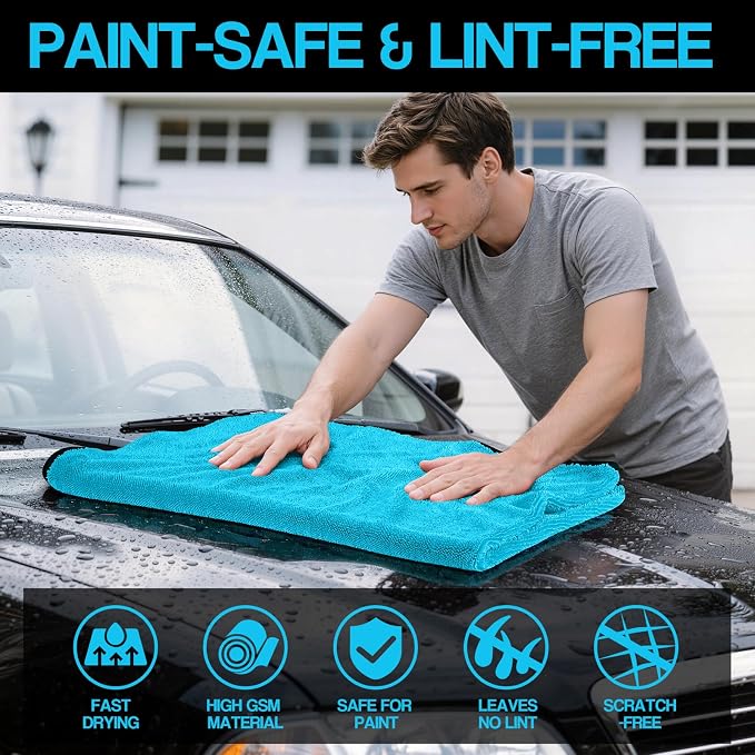 4 Pack Twisted Loop Car Drying Towel, Microfiber Towels for Cars 24"x36", Reusable Shammy Quick Dry Cloth for Auto, Boat, Kitchen, Windows & Bathroom（Blue）