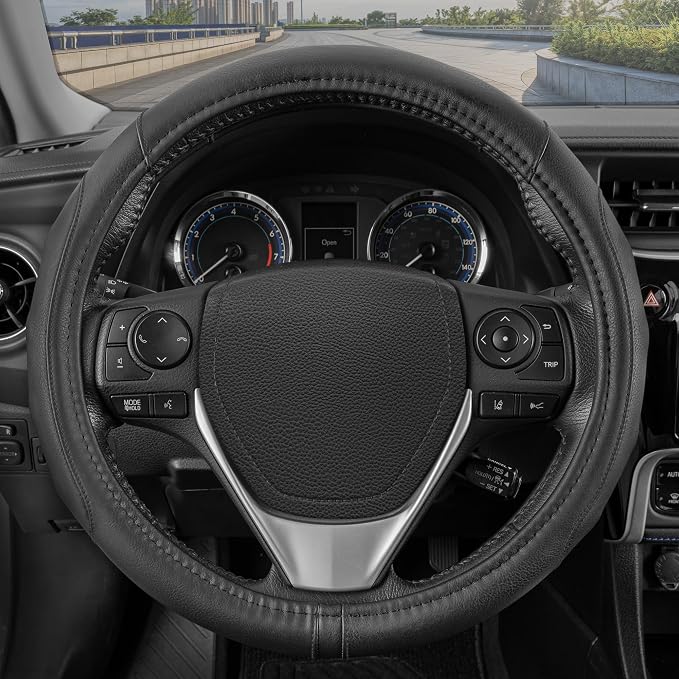 GripDrive Faux Black Leather Steering Wheel Cover for Car Truck Van SUV, Standard 15 inch Size, Solid Black Stitched Car Steering Wheel Cover Vehicle & Auto Accessories