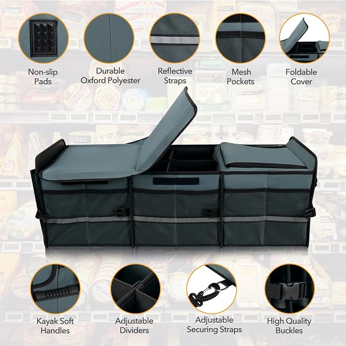 Large Trunk Organizer With Built-in Leakproof Cooler Bag, 2 Tie-Down Straps, 4 Removable Dividers, Foldable Cover, Built with 2mm PE Board, Gray