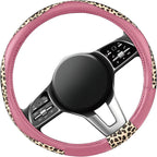 Steering Wheel Cover - Made with PVC Leather and Leopard Fabric - Universal 14 1/2 inches to 15 inches for Most Automotive Steering Wheel - Cheetah Print -Pink