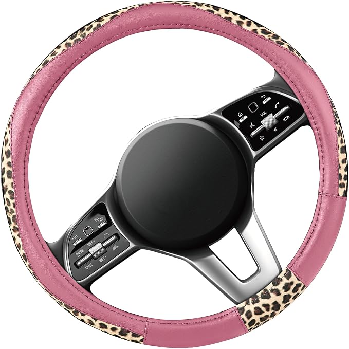 Steering Wheel Cover - Made with PVC Leather and Leopard Fabric - Universal 14 1/2 inches to 15 inches for Most Automotive Steering Wheel - Cheetah Print -Pink