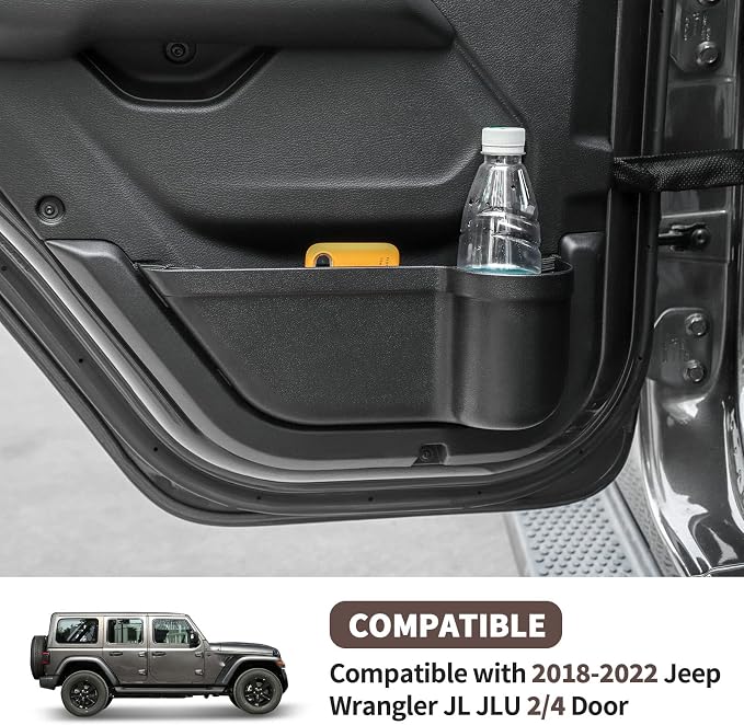 Front & Rear Door Side Insert Storage Box, Door Organizer Pockets Fit for 2018-2026 Jeep Wrangler JL JLU & Gladiator JT, 4Pcs Black Cup Holder Interior Storage Expansion Accessories