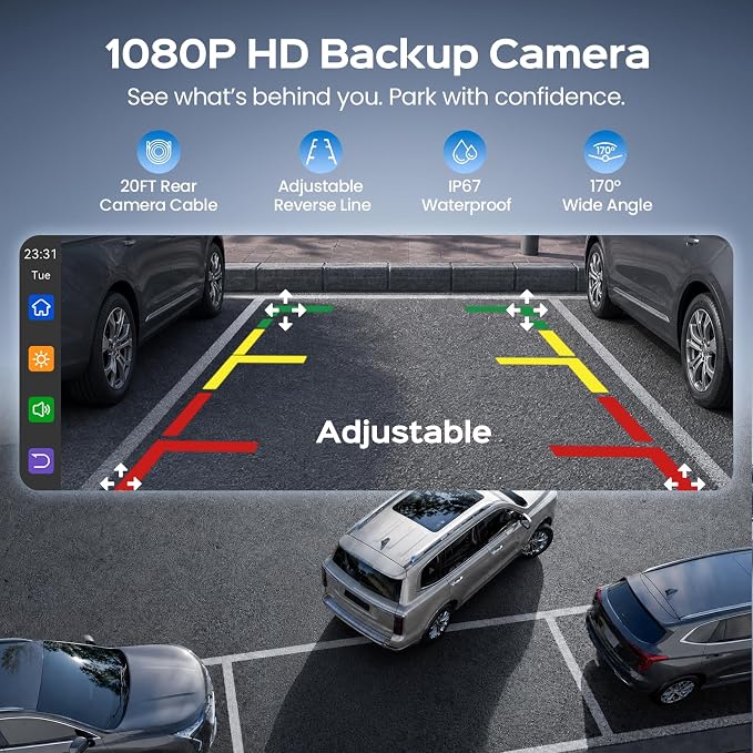 10.26" Portable Apple CarPlay Screen for Car with 4K Dash Cam and 1080P Backup Camera, Wireless Car Play & Android Auto, OTA, GPS Navigation, Voice Control, Mirror Link