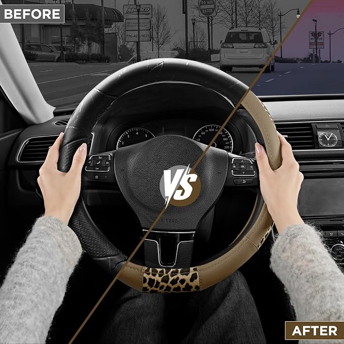 Steering Wheel Cover - Flat Bottom Wheel Cover Made with PVC Leather and Leopard Fabric - Universal Fit for 15-Inch D-Shaped Automotive Steering Wheels (Beige Color)