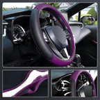 Steering Wheel Cover for 14.5-15 inch Wheels, Breathable PU Leather with Perforated Sides, Anti-Slip Grip, Universal Fit for Cars & SUVs, Black and Dawn Purple