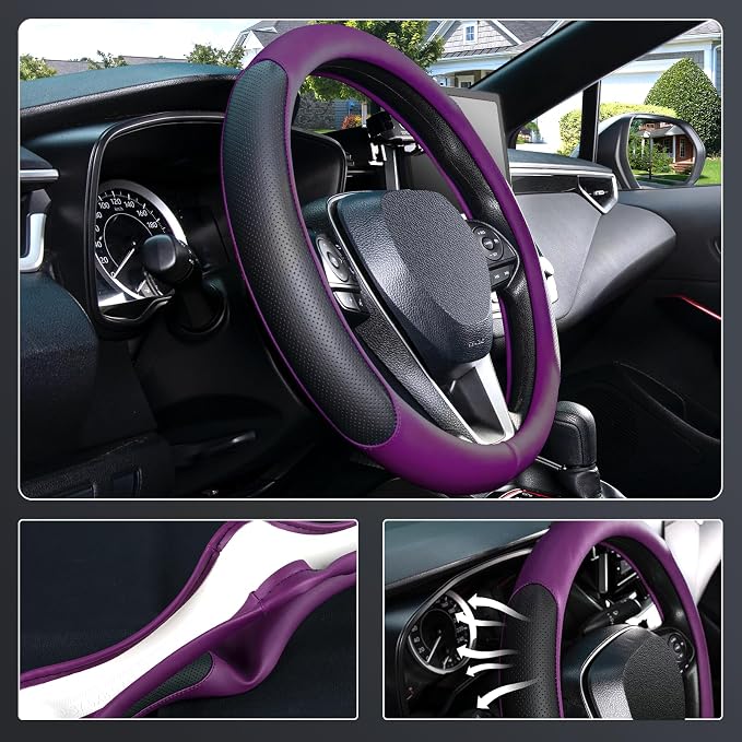 Steering Wheel Cover for 14.5-15 inch Wheels, Breathable PU Leather with Perforated Sides, Anti-Slip Grip, Universal Fit for Cars & SUVs, Black and Dawn Purple