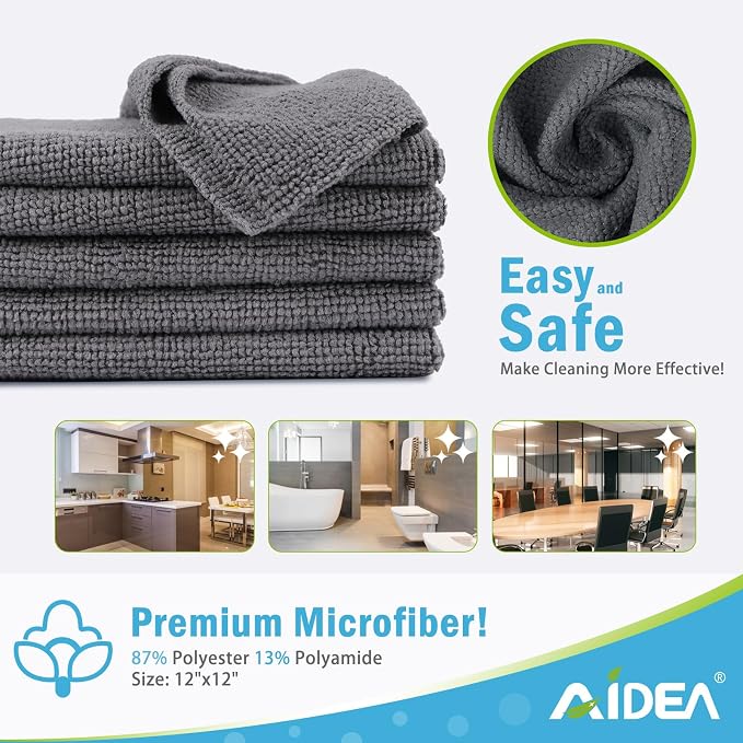 AIDEA Microfiber Cleaning Cloth Grey-50PK, Soft Absorbent Rags, Microfiber Towels for Cars, Kitchen Towels, Dusting Cloth for Home, Window, Cleaning Supplies, 12"×12"