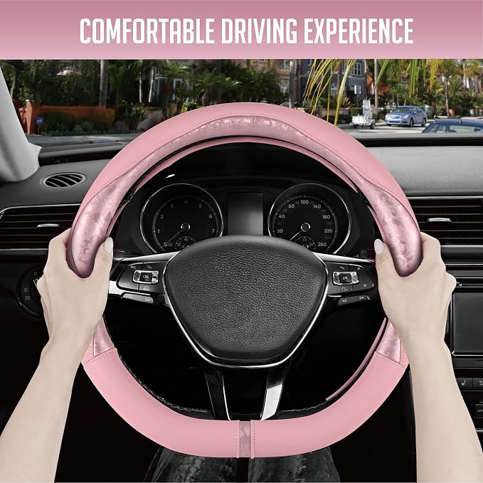Steering Wheel Cover, Pink Patterned Leather Patchwork Design, Universal Fit 14.5"–15.5" D-Shape Steering Cover, Soft PU Grain Leather, Durable Grip Car Accessory for Girls & Women