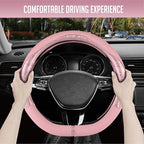 Steering Wheel Cover, Pink Patterned Leather Patchwork Design, Universal Fit 14.5"–15.5" D-Shape Steering Cover, Soft PU Grain Leather, Durable Grip Car Accessory for Girls & Women